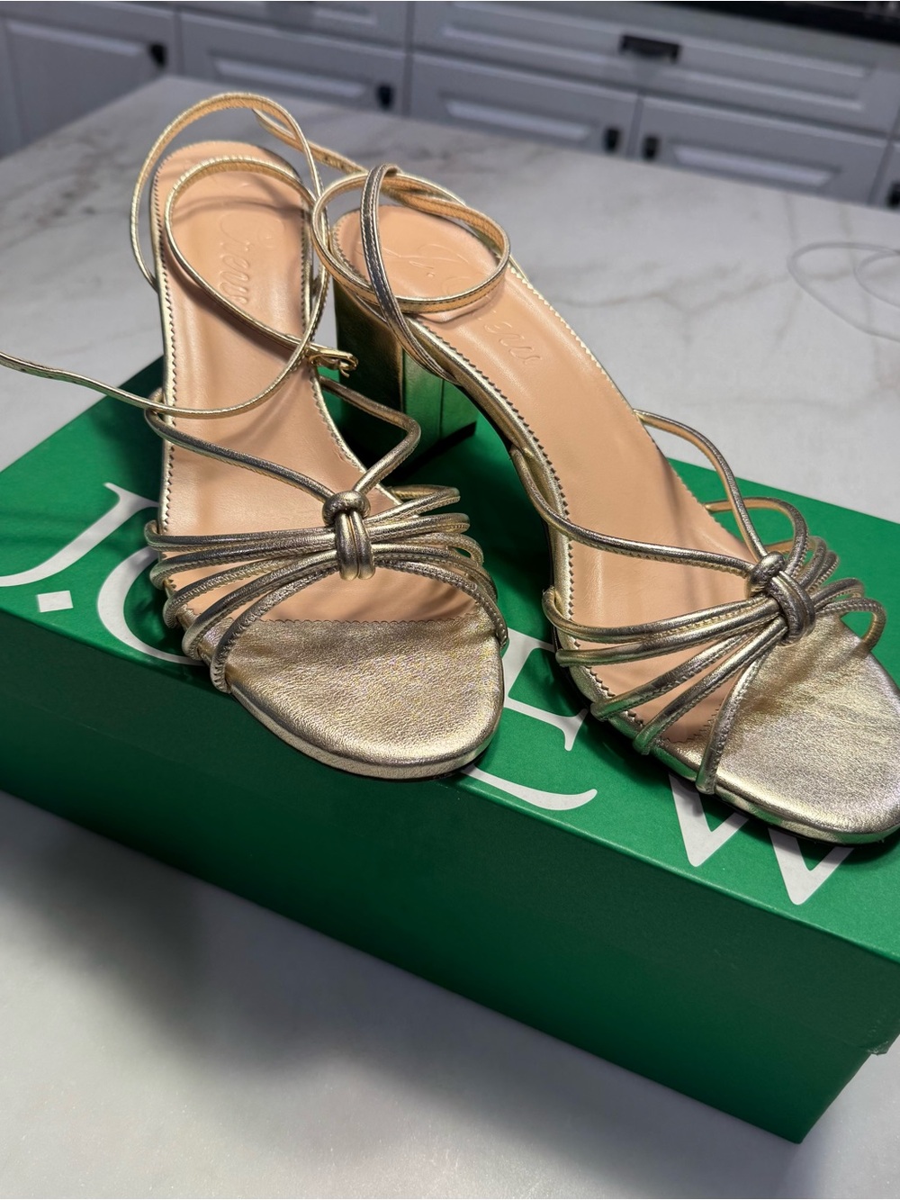 J. Crew Metallic Gold Knotted Strappy Block Heel Sandals